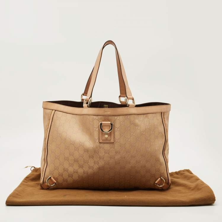 Pre Owned Gucci Beige/Gold GG Fabric and Leather Abbey D-Ring Tote