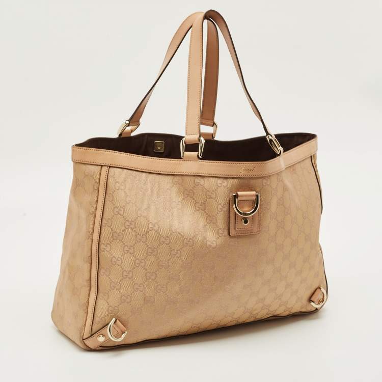 Pre Owned Gucci Beige/Gold GG Fabric and Leather Abbey D-Ring Tote