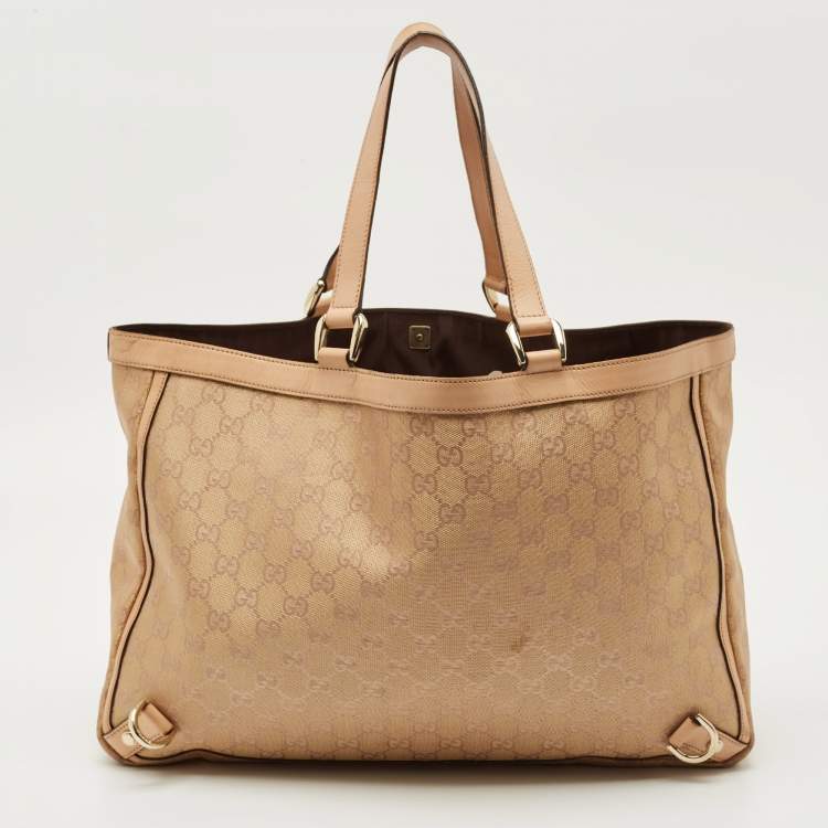 Pre Owned Gucci Beige/Gold GG Fabric and Leather Abbey D-Ring Tote