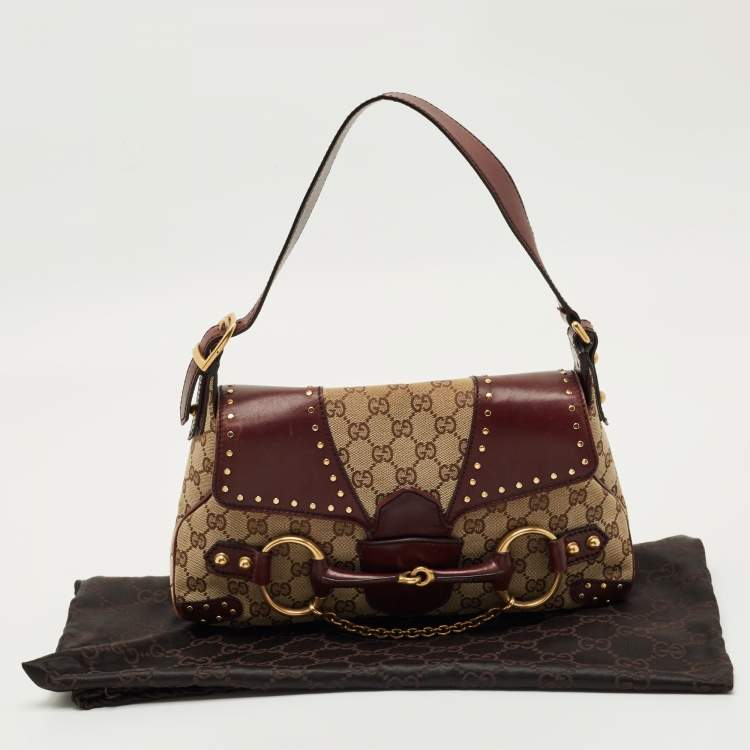 Pre Owned Gucci Burgundy/Beige GG Canvas and Leather Horsebit Chain Shoulder Bag