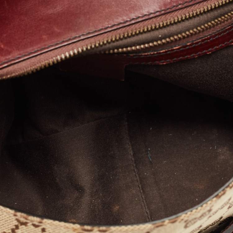 Pre Owned Gucci Burgundy/Beige GG Canvas and Leather Horsebit Chain Shoulder Bag