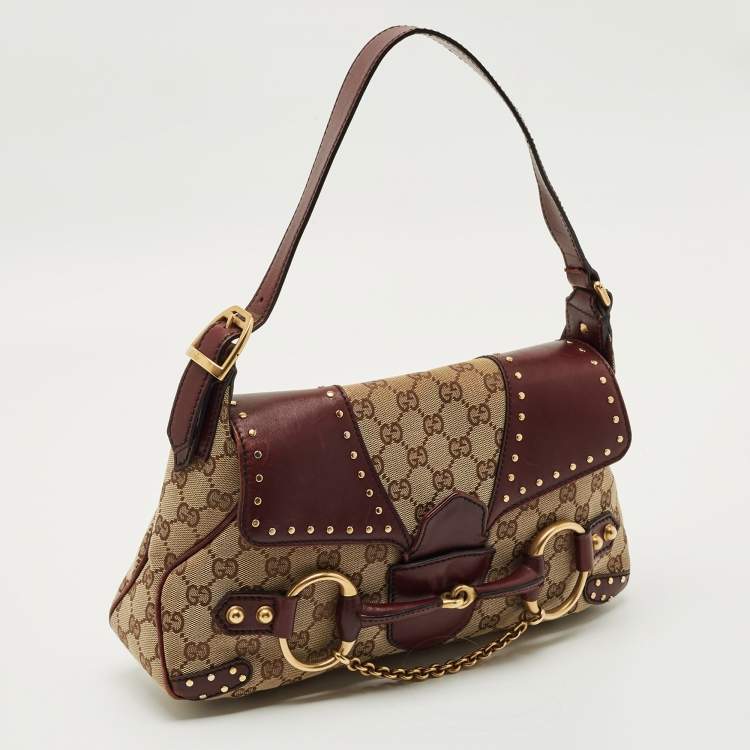 Pre Owned Gucci Burgundy/Beige GG Canvas and Leather Horsebit Chain Shoulder Bag