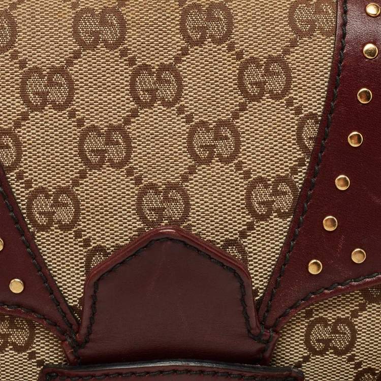 Pre Owned Gucci Burgundy/Beige GG Canvas and Leather Horsebit Chain Shoulder Bag