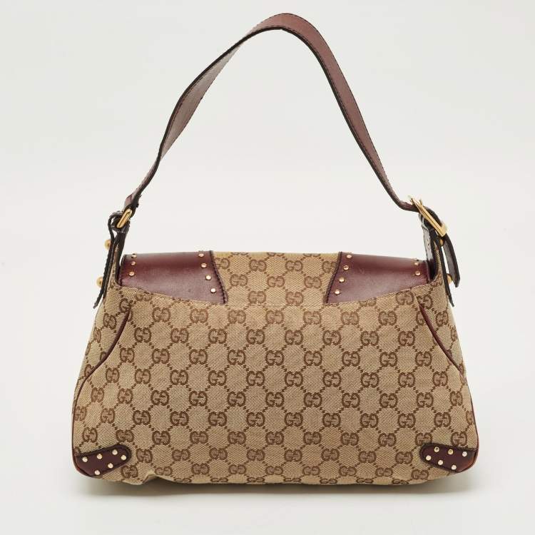Pre Owned Gucci Burgundy/Beige GG Canvas and Leather Horsebit Chain Shoulder Bag