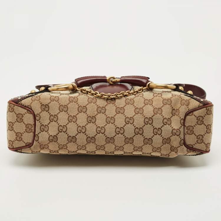 Pre Owned Gucci Burgundy/Beige GG Canvas and Leather Horsebit Chain Shoulder Bag