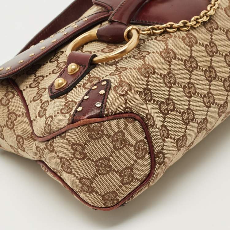 Pre Owned Gucci Burgundy/Beige GG Canvas and Leather Horsebit Chain Shoulder Bag