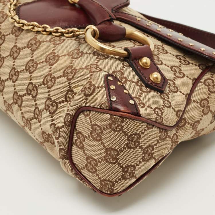 Pre Owned Gucci Burgundy/Beige GG Canvas and Leather Horsebit Chain Shoulder Bag
