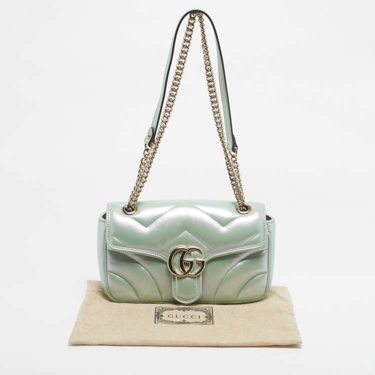 Pre Owned Gucci Green Iridescent Matelassé Leather Medium GG Marmont Shoulder Bag