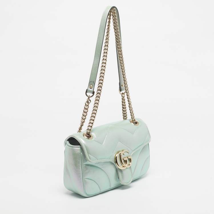 Pre Owned Gucci Green Iridescent Matelassé Leather Medium GG Marmont Shoulder Bag