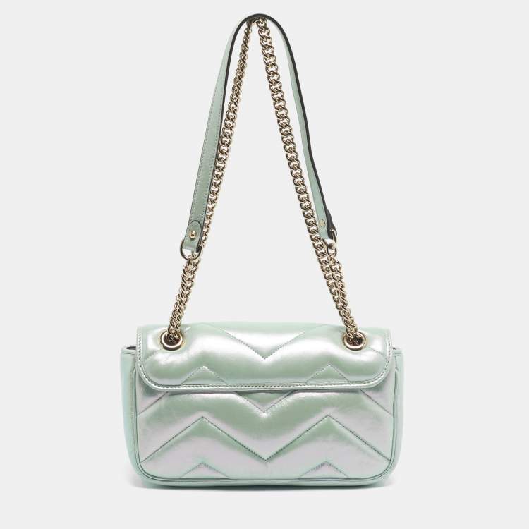 Pre Owned Gucci Green Iridescent Matelassé Leather Medium GG Marmont Shoulder Bag