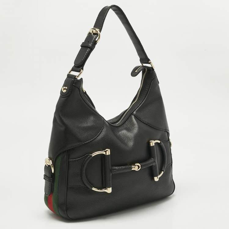 Pre Owned Gucci Black Leather Small Web Horsebit Heritage Hobo