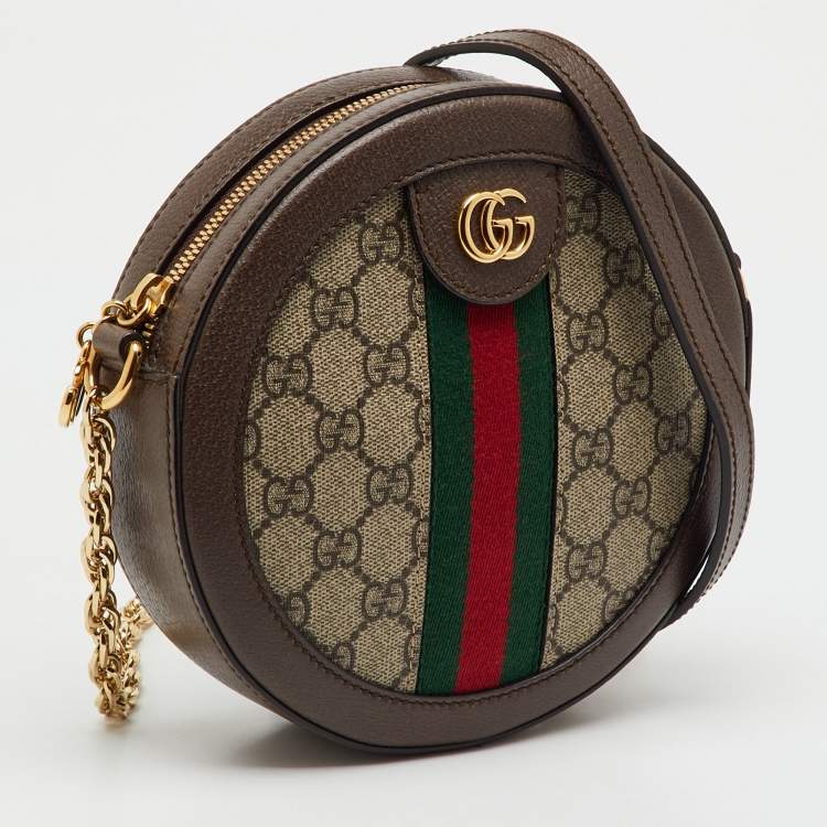Pre Owned Gucci Brown/Beige GG Supreme Canvas and Leather Mini Ophidia Round Bag