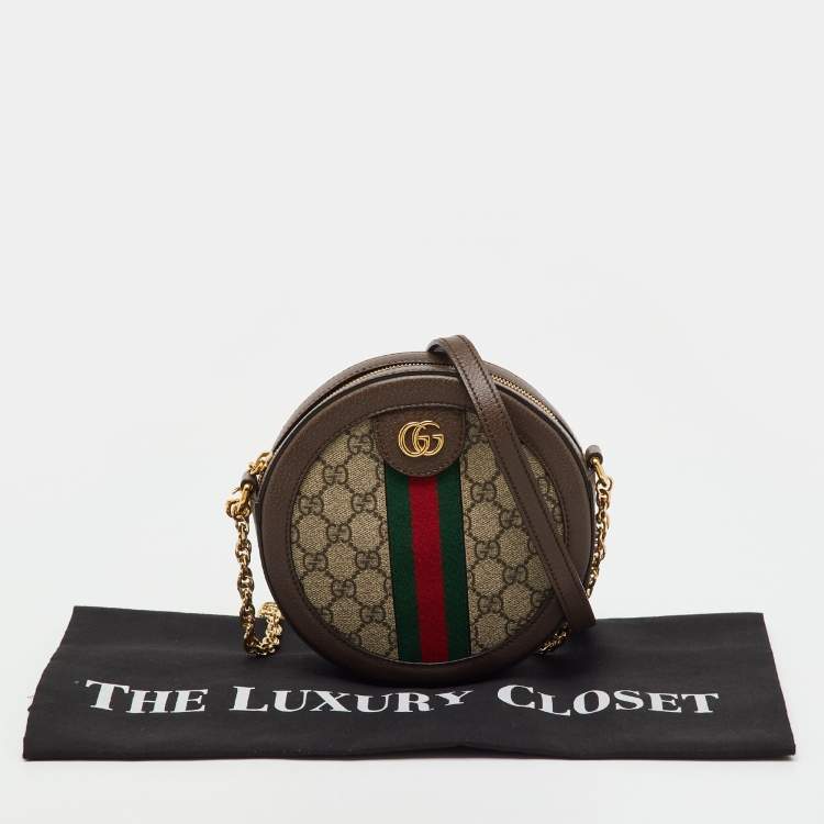 Pre Owned Gucci Brown/Beige GG Supreme Canvas and Leather Mini Ophidia Round Bag