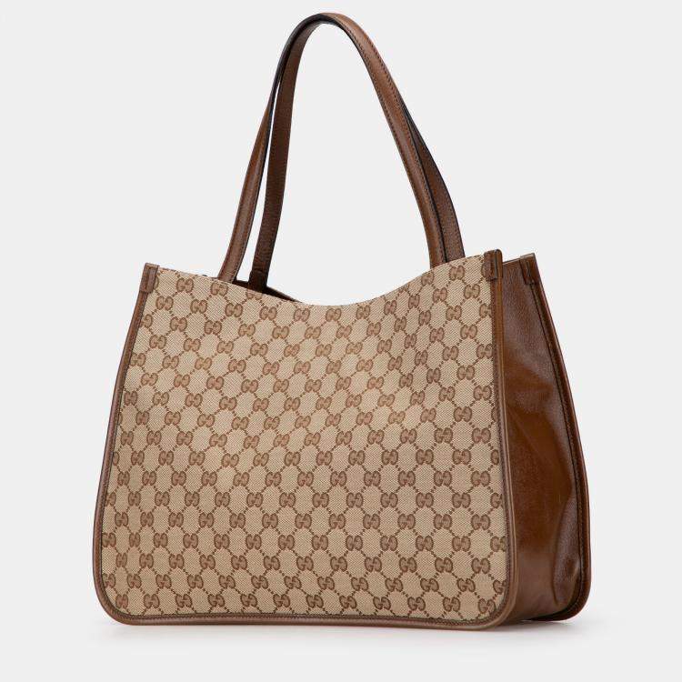 Pre Owned Gucci Beige Brown Medium GG Canvas Horsebit 1955 Tote