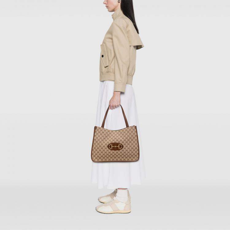 Pre Owned Gucci Beige Brown Medium GG Canvas Horsebit 1955 Tote