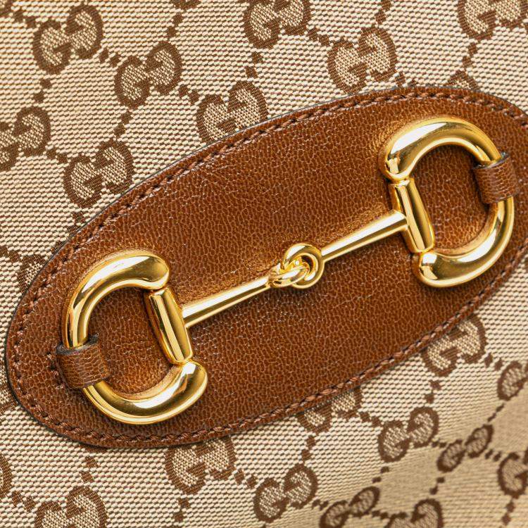 Pre Owned Gucci Beige Brown Medium GG Canvas Horsebit 1955 Tote