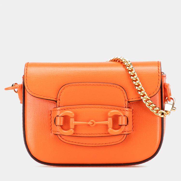 Pre Owned Gucci Orange Mini Leather Horsebit 1955 Web Satchel