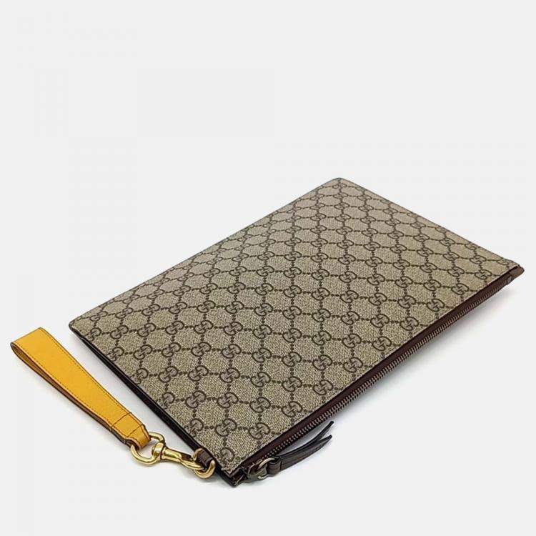 Pre Owned Gucci GG Supreme Beige/Brown Coated Canvas Clutch