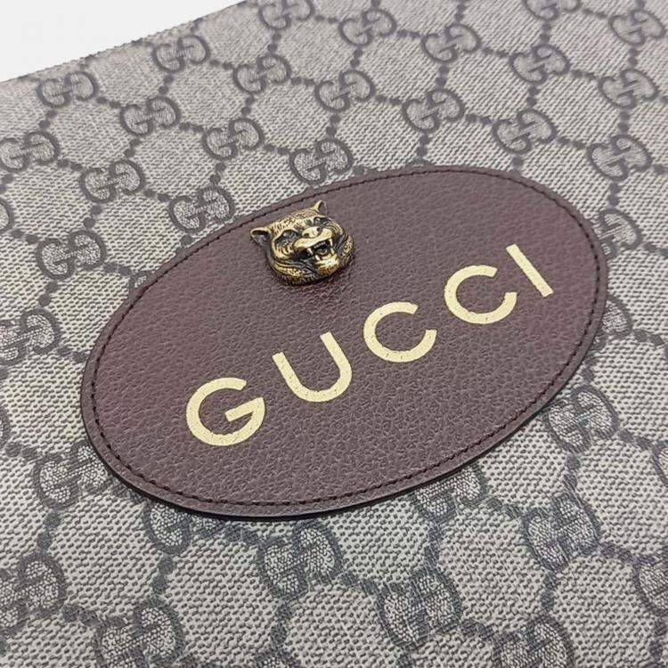 Pre Owned Gucci GG Supreme Beige/Brown Coated Canvas Clutch
