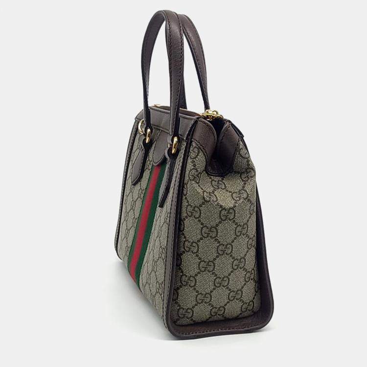 Pre Owned Gucci Beige Brown PVC Gucci Ophidia GG Shoulder Bag Small