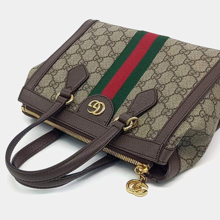 Pre Owned Gucci Beige Brown PVC Gucci Ophidia GG Shoulder Bag Small