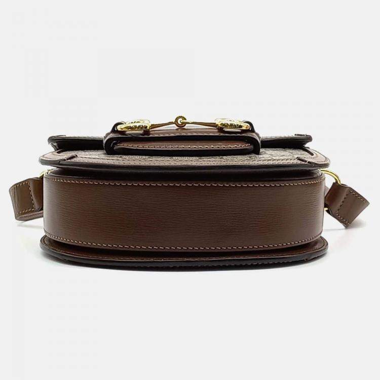 Pre Owned Gucci Beige Brown Canvas 1955 Horsebit Round Mini Bag