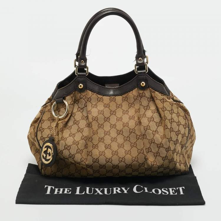 Pre Owned Gucci Brown/Beige GG Canvas and Leather Medium Sukey Tote