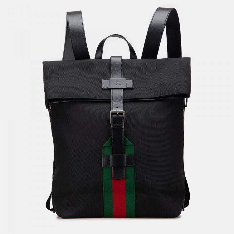 Pre Owned Gucci Black Canvas Techno Web Fold Over Backpack