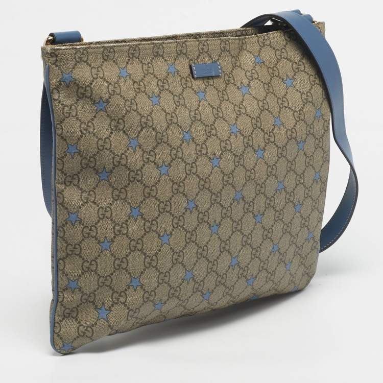Pre Owned Gucci Blue/Beige GG Supreme Stars Canvas and Leather Flat Messenger Bag