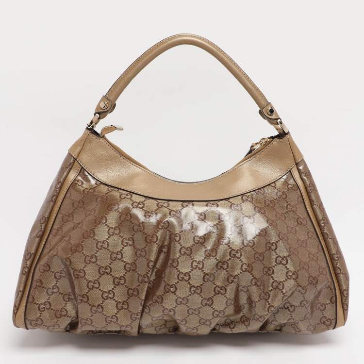 Pre Owned Gucci Beige/Gold GG Crystal Canvas Large D Ring Hobo