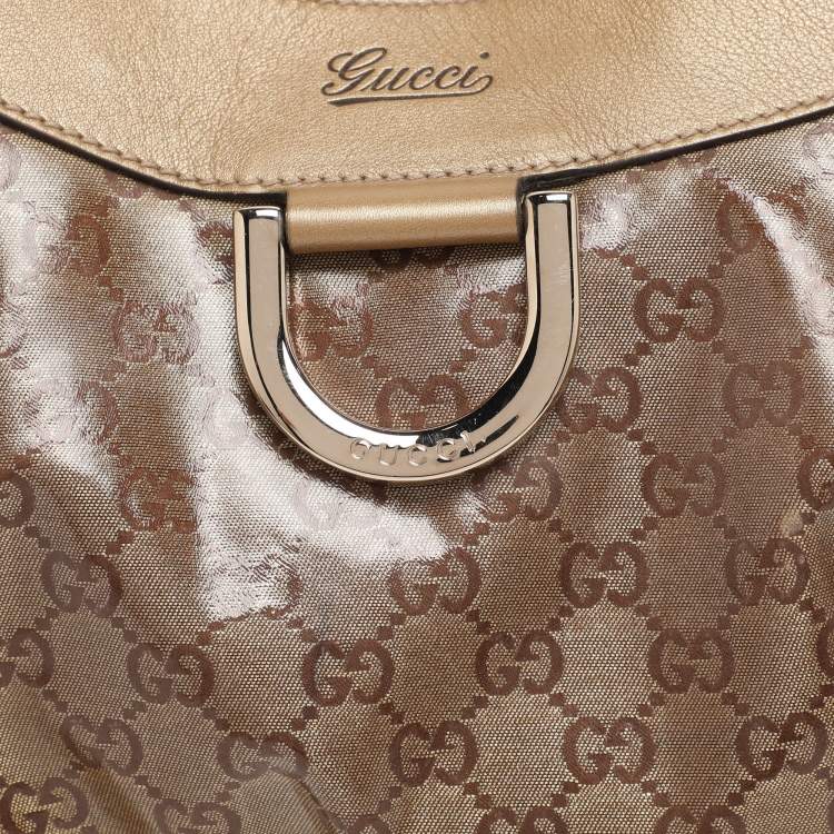 Pre Owned Gucci Beige/Gold GG Crystal Canvas Large D Ring Hobo
