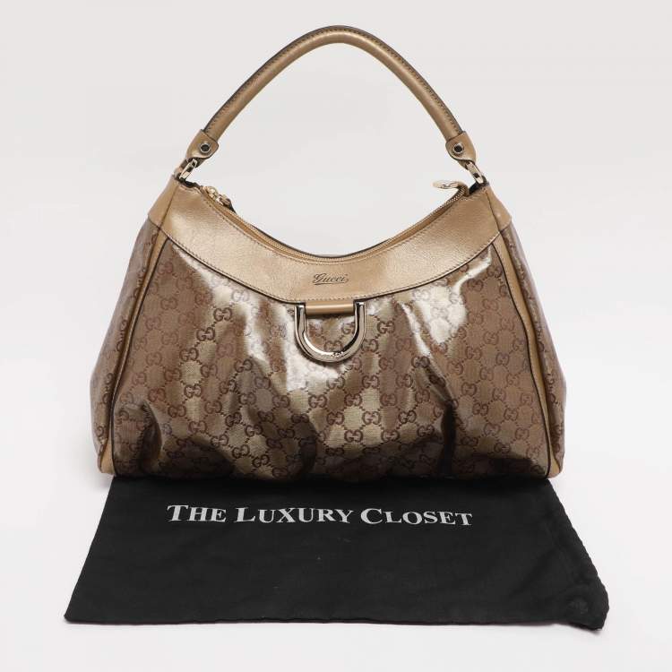 Pre Owned Gucci Beige/Gold GG Crystal Canvas Large D Ring Hobo