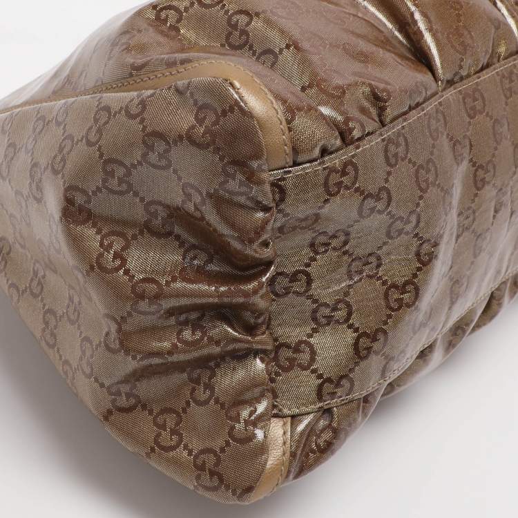 Pre Owned Gucci Beige/Gold GG Crystal Canvas Large D Ring Hobo