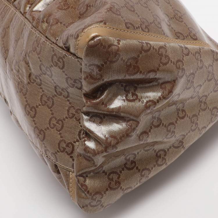 Pre Owned Gucci Beige/Gold GG Crystal Canvas Large D Ring Hobo