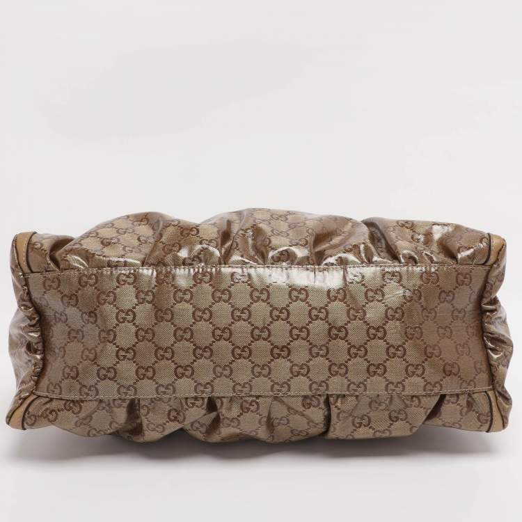 Pre Owned Gucci Beige/Gold GG Crystal Canvas Large D Ring Hobo