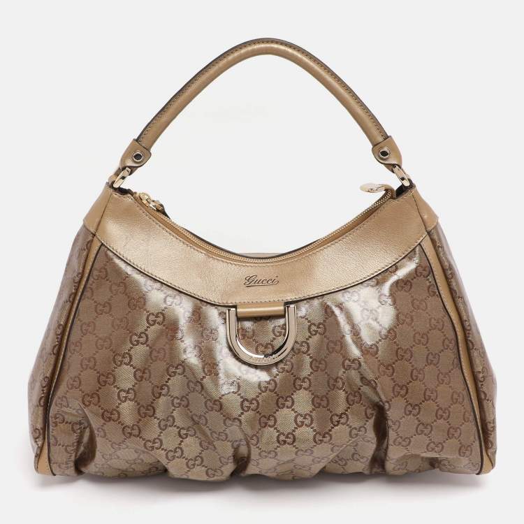 Pre Owned Gucci Beige/Gold GG Crystal Canvas Large D Ring Hobo
