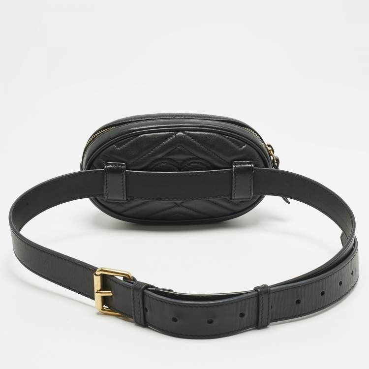 Pre Owned Gucci Black Matelassé Leather GG Marmont Belt Bag