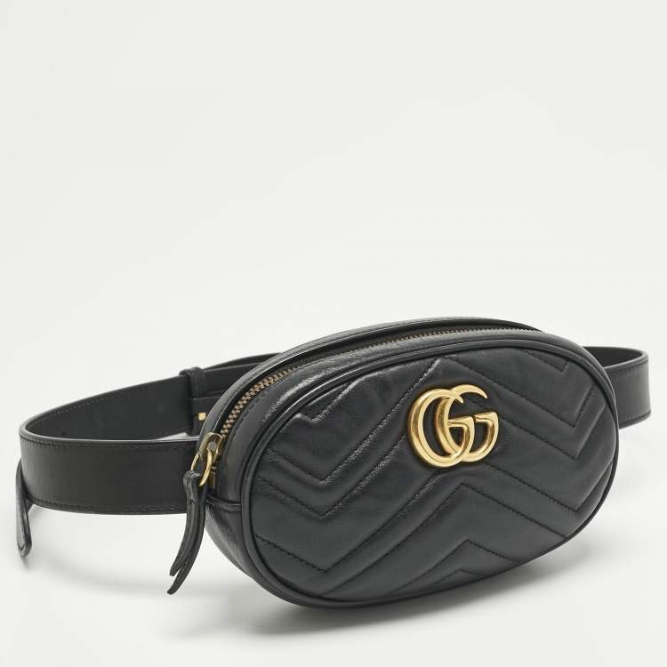 Pre Owned Gucci Black Matelassé Leather GG Marmont Belt Bag