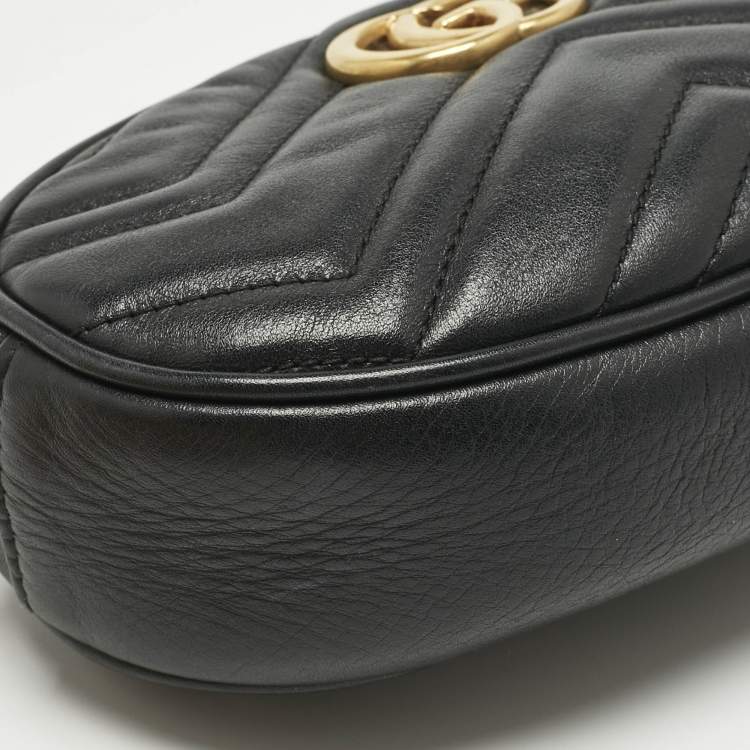 Pre Owned Gucci Black Matelassé Leather GG Marmont Belt Bag