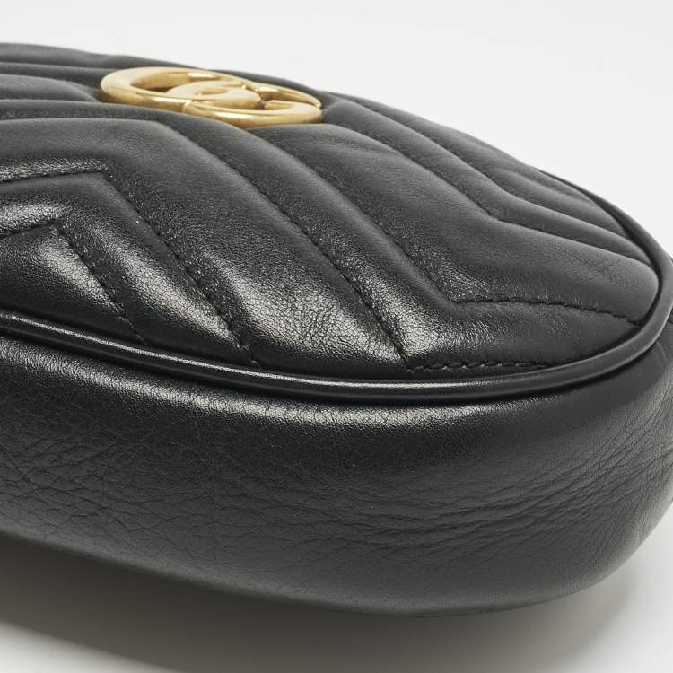 Pre Owned Gucci Black Matelassé Leather GG Marmont Belt Bag