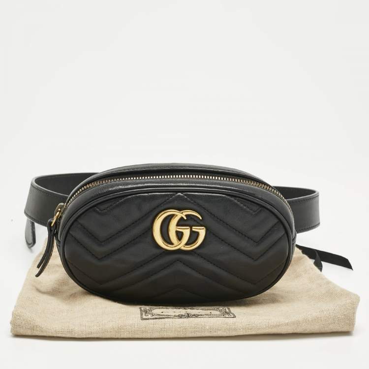 Pre Owned Gucci Black Matelassé Leather GG Marmont Belt Bag