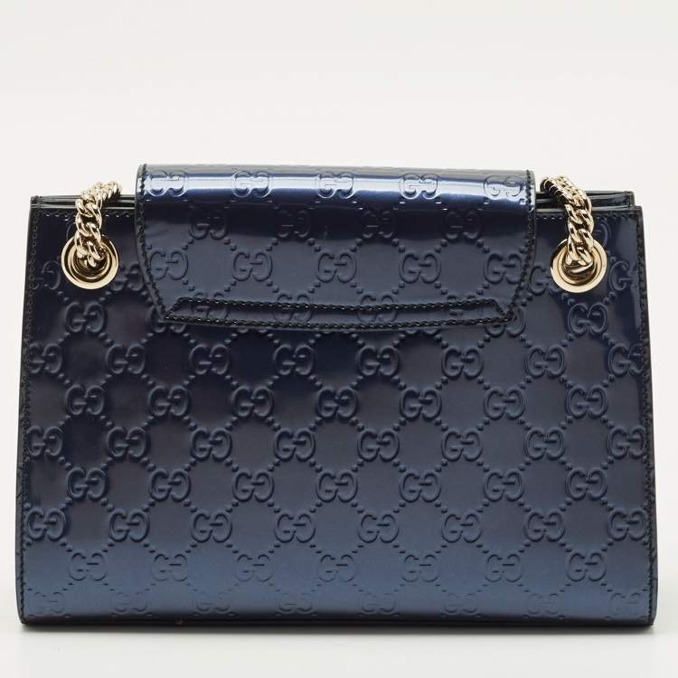 Pre Owned Gucci Navy Blue Guccissima Patent Leather Small Emily Chain Shoulder Bag