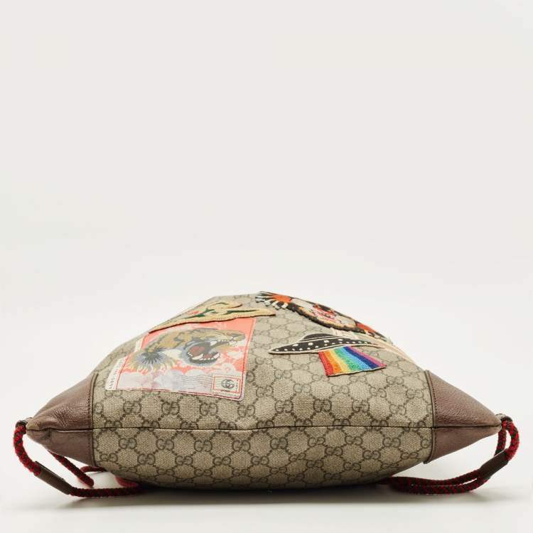Pre Owned Gucci Brown/Beige GG Supreme Canvas Patchwork Drawstring Convertible Tote/Backpack