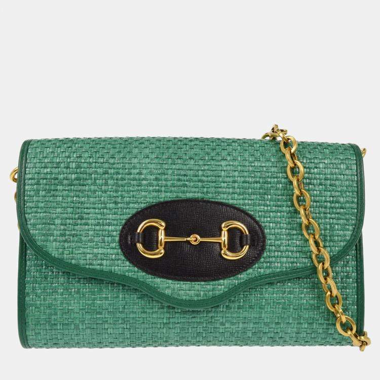 Pre Owned Gucci Green Straw Horsebit Chain Shoulder Bag