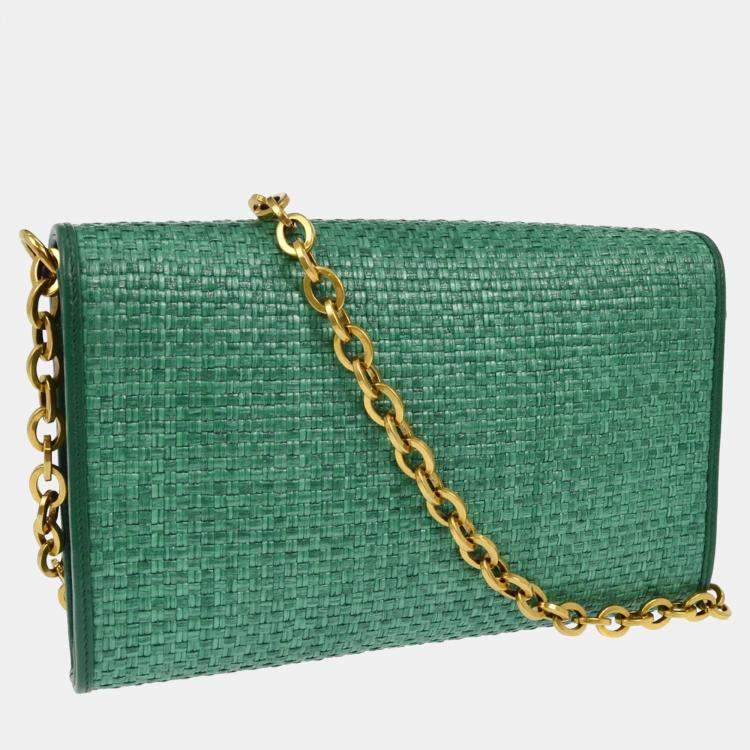 Pre Owned Gucci Green Straw Horsebit Chain Shoulder Bag