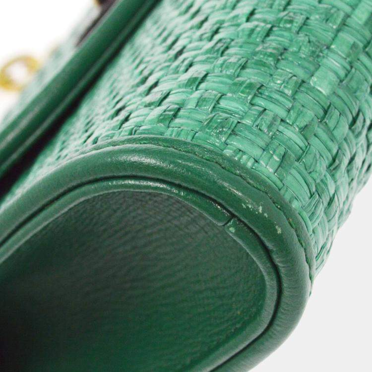 Pre Owned Gucci Green Straw Horsebit Chain Shoulder Bag