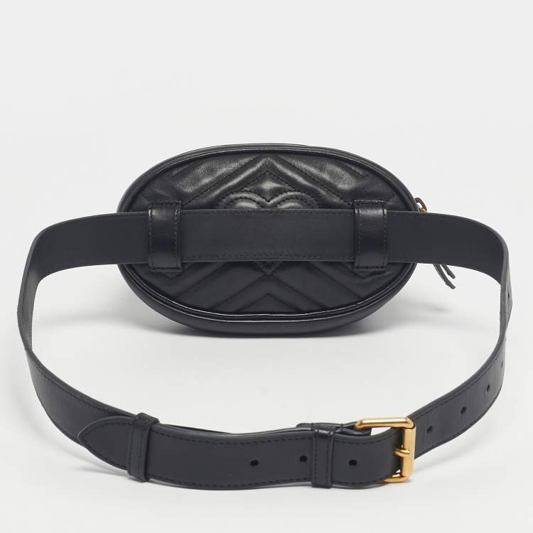 Pre Owned Gucci Black Matelassé Leather GG Marmont Belt Bag