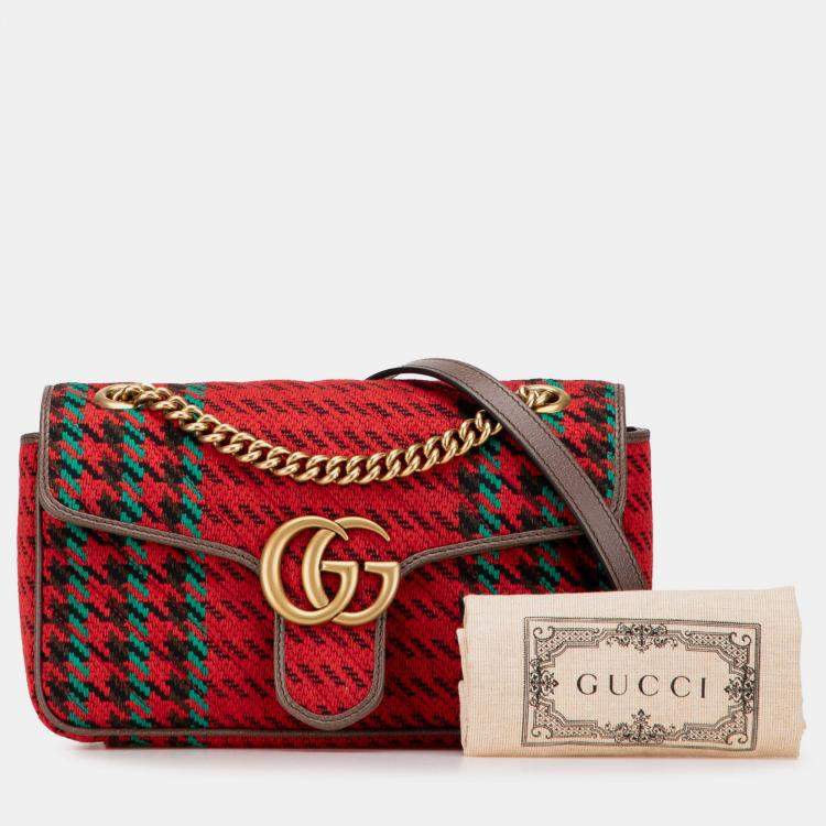 Pre Owned Gucci Red Small GG Marmont Houndstooth Tweed Flap Crossbody