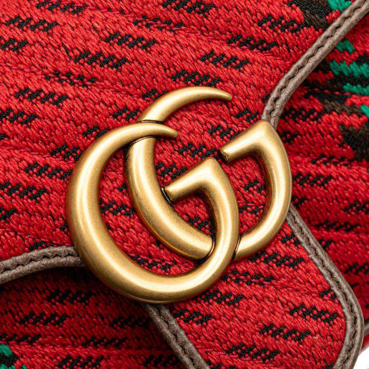 Pre Owned Gucci Red Small GG Marmont Houndstooth Tweed Flap Crossbody