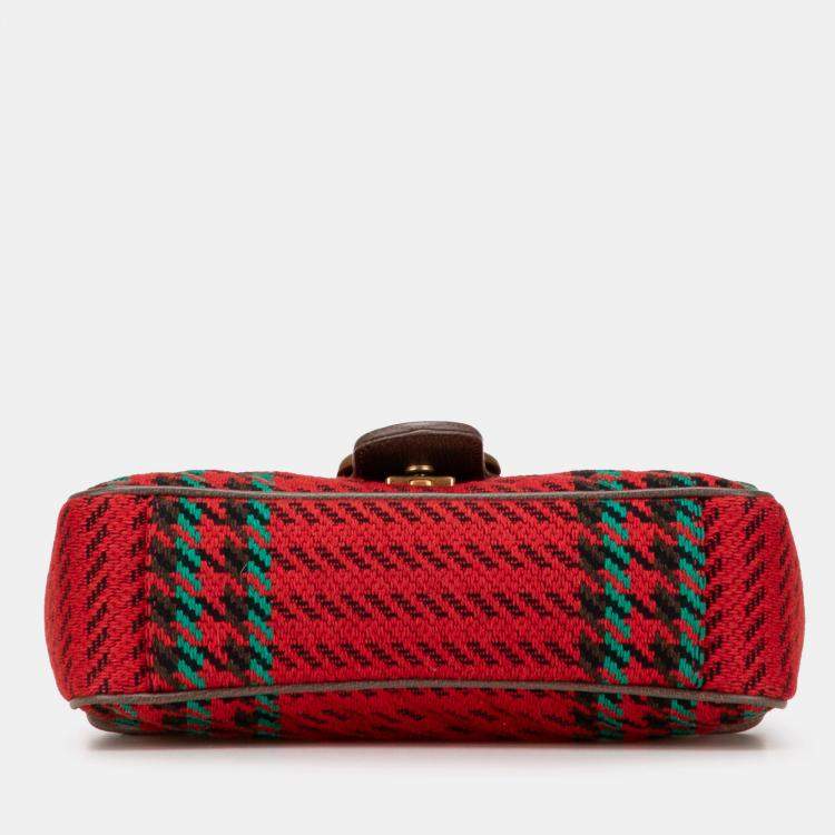 Pre Owned Gucci Red Small GG Marmont Houndstooth Tweed Flap Crossbody